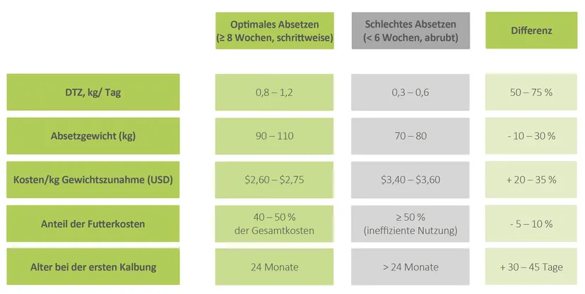 Tabelle 2:  Auswirkungen des Absetzens auf die durchschnittliche tägliche Gewichtszunahme (DTZ)