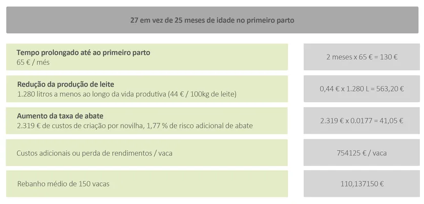 Tabela 1: O efeito da idade de 27 meses no primeiro parto em comparação com 25 meses nos custos e ganhos por vaca