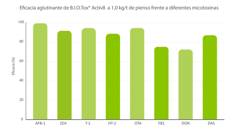 Figura 3: Eficiencia de adsorción de 1,0 kg de B.I.O.Tox® Activ8/t de pienso frente a diferentes micotoxinas
