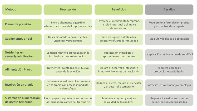 Tabla 1: los diferentes métodos de apoyo temprano y sus beneficios y retos.