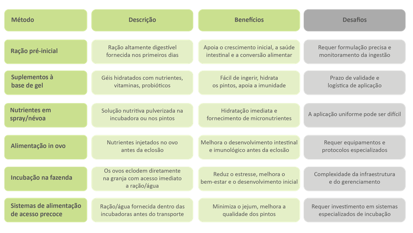 Tabela 1: Os diferentes métodos de suporte precoce e seus benefícios e desafios.