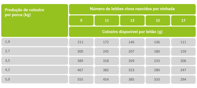 Tab. 1: Influência da produção de colostro materno e do tamanho da ninhada sobre a quantidade de colostro disponível por leitão